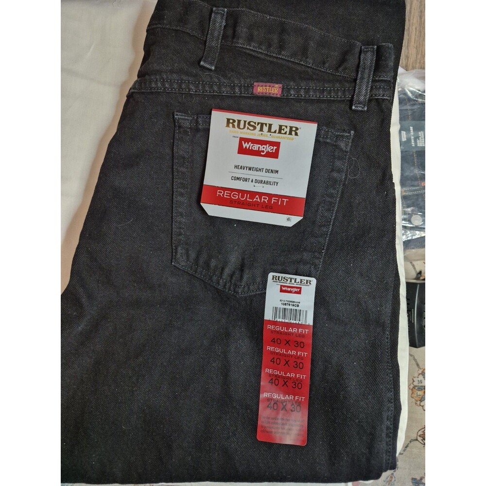 Rustler 40x30 Men’s Jeans Regular Fit Straight Leg Black Denim Logo Accent